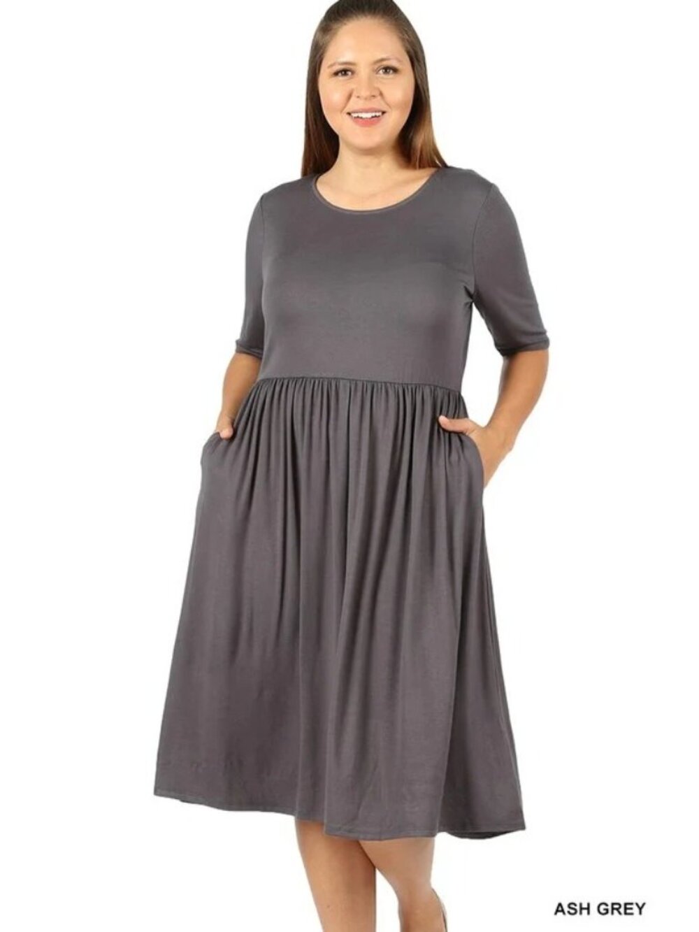 Banana Republic Dress Size 2 Gray Midi Short Sleeve Pleated Scoop Neck